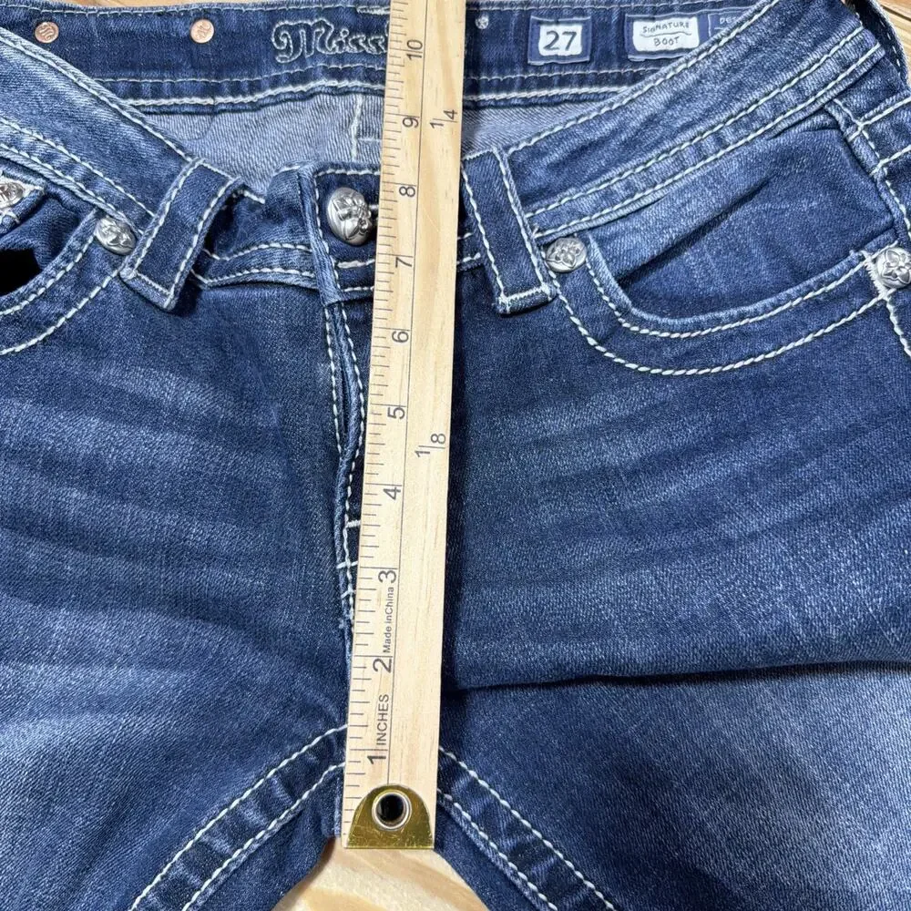 MISS ME Lace-Overlay Back-Flap Pocket Embellished Jeans Size 27